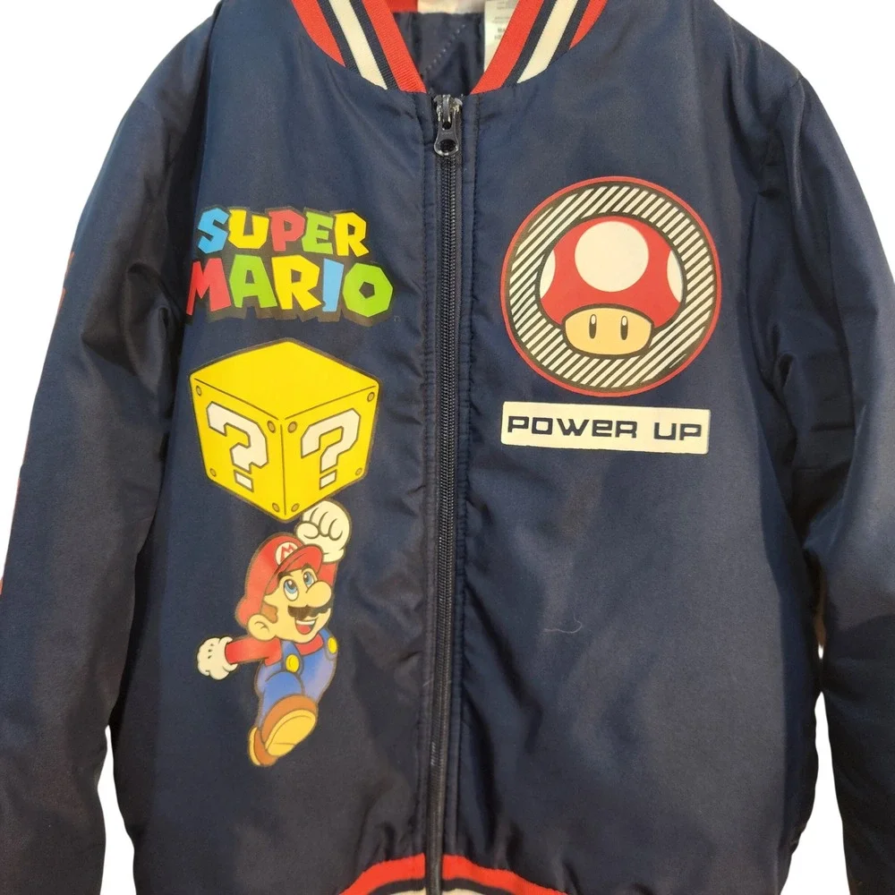 Kids Super Mario Bomber Jacket‎ Navy Red White Full Zip Mario Bowser Luigi Sz 8